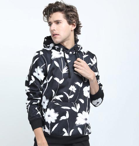 Men Black & White Floral Printed Hooded Sweatshirt